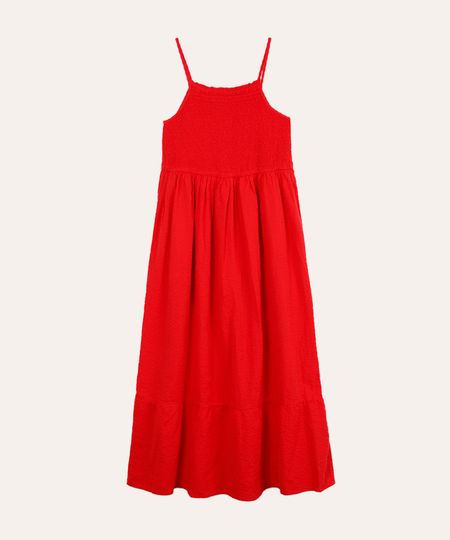 vestido de algodão juvenil texturizado alça fina vermelho 16