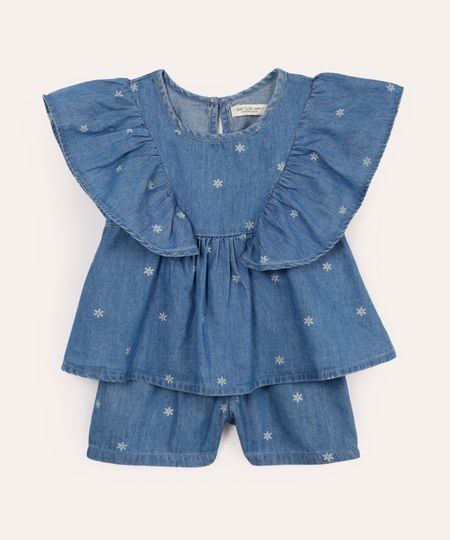 conjunto infantil jeans floral azul 5