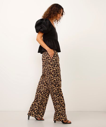 calça reta cós com cordão animal print bege PP