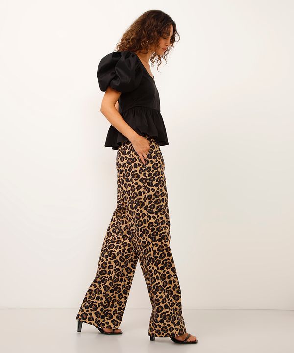calça reta cós com cordão animal print bege PP
