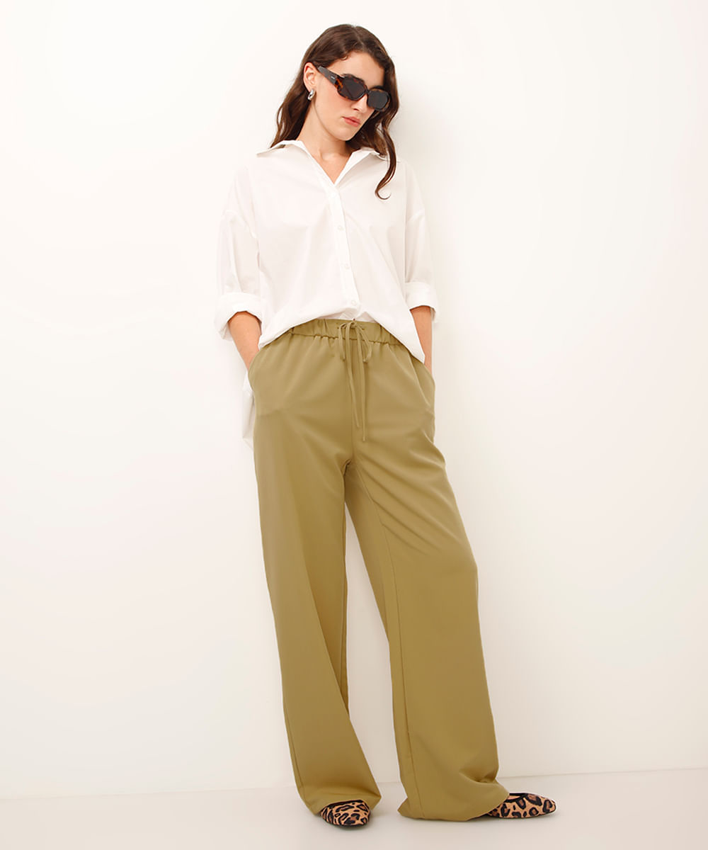 calça reta de alfaiataria cintura alta bege