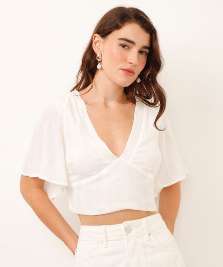 cropped decote v com lurex listrada off white P