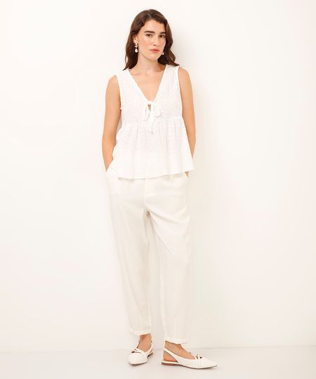 calça alfaiataria de viscose com pregas cintura alta - off white 34 calça alfaiataria de viscose com pregas cintura alta - off white 34