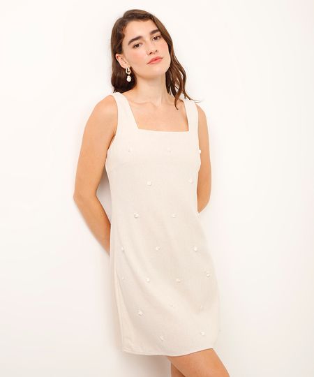 vestido curto com linho e bordados bege P