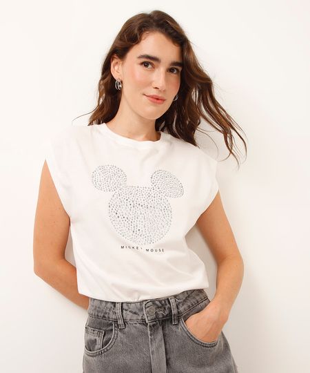 camiseta muscle de algodão mickey com brilhos off white PP camiseta muscle de algodão mickey com brilhos off white PP