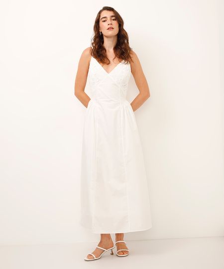 vestido midi decote com renda alça fina off white M