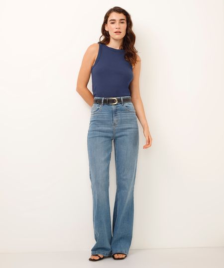 calça flare jeans cintura alta azul 36