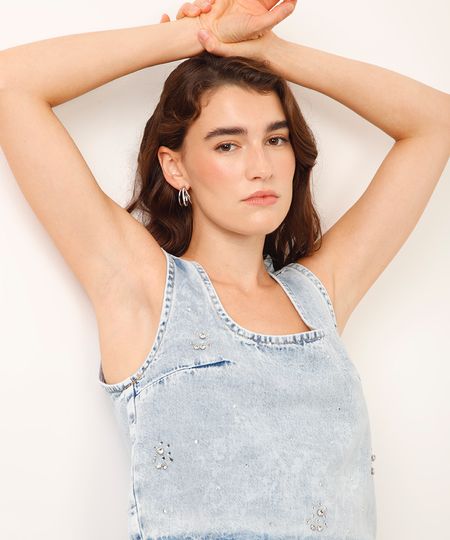 regata jeans com brilhos azul PP regata jeans com brilhos azul PP