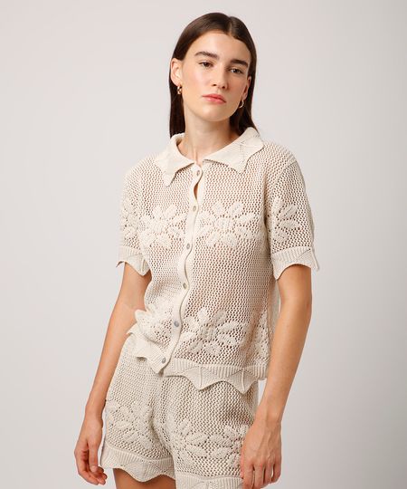 camisa de tricot floral mindset bege PP