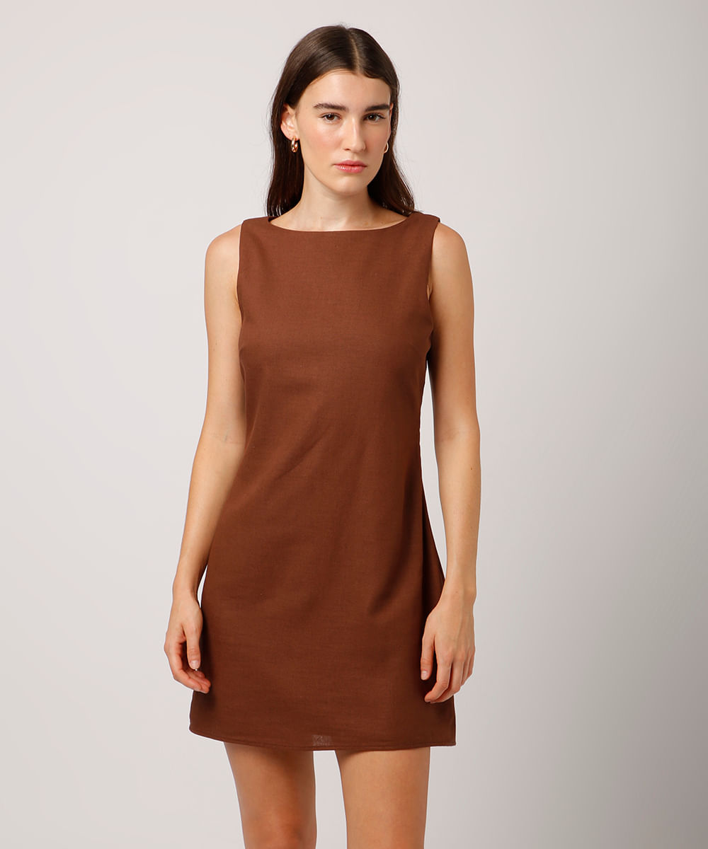 vestido curto com linho mindset marrom