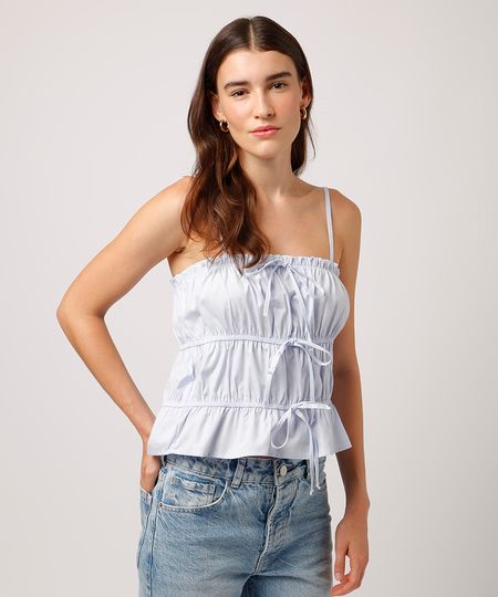 blusa franzida de algodão com laços mindset azul P