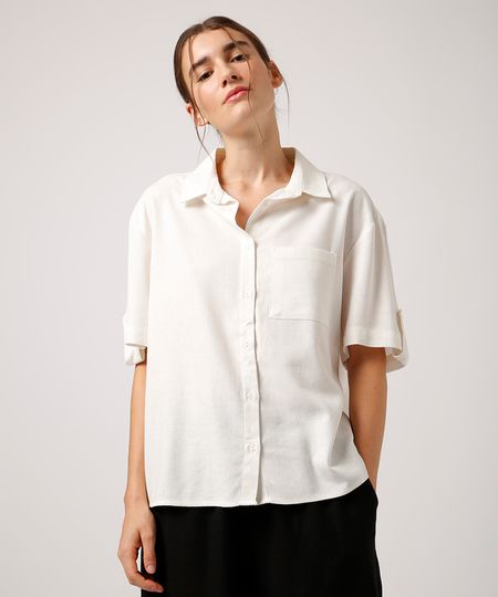camisa com linho manga curta mindset off white P