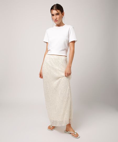 saia longa de tule com paetê mindset off white 36 saia longa de tule com paetê mindset off white 36