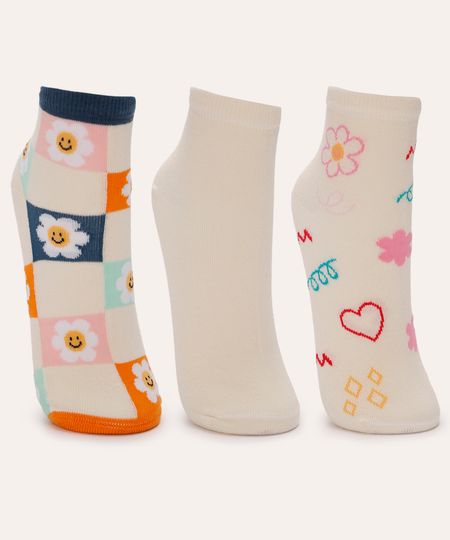 kit de 3 meias cano médio floral colorida 34-39