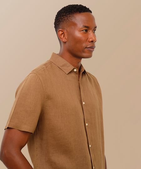 camisa de linho manga curta bege M camisa de linho manga curta bege M