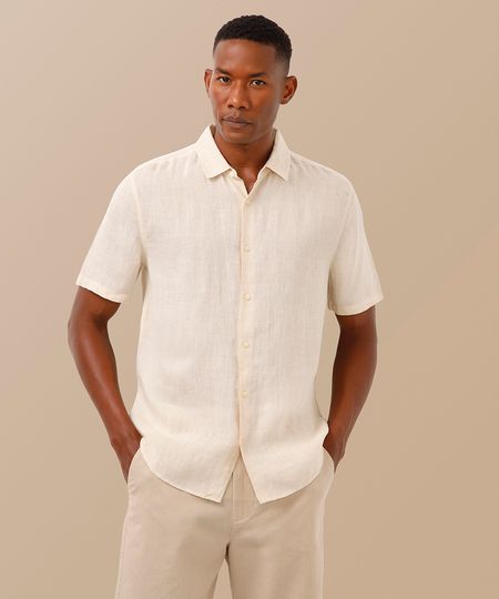 camisa de linho manga curta bege P camisa de linho manga curta bege P