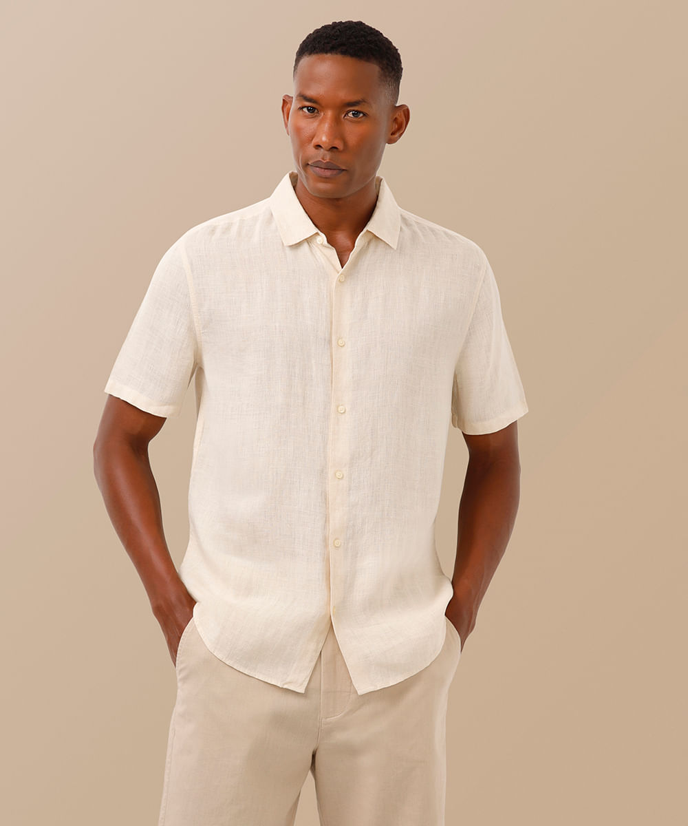 camisa de linho manga curta bege