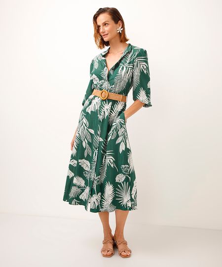 vestido chemise de viscose folhagens com cinto verde P vestido chemise de viscose folhagens com cinto verde P
