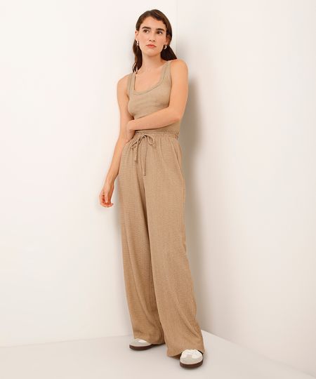 calça pantalona texturizada bege P