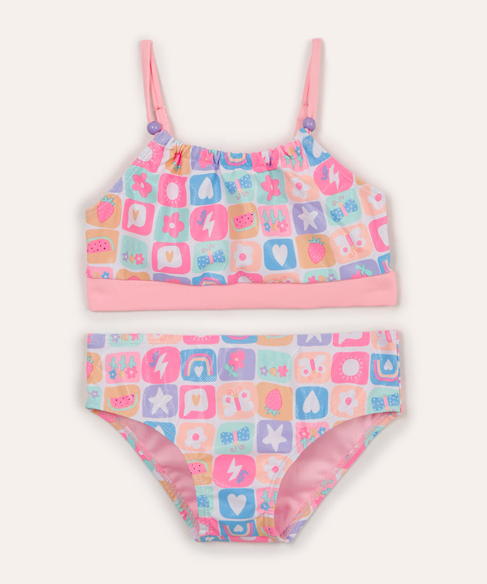 Vista 2 biquíni infantil frente única quadriculado colorido C&A Multicor C&A Multicor