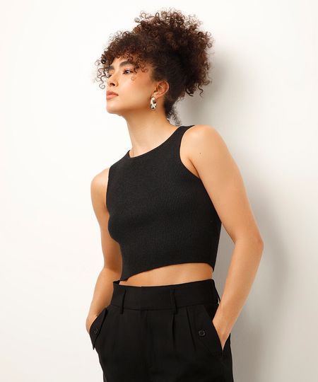 regata de tricot canelada com lurex preta P regata de tricot canelada com lurex preta P