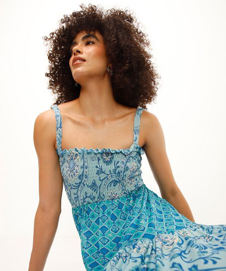 vestido midi de tule com lastex alça fina azul P