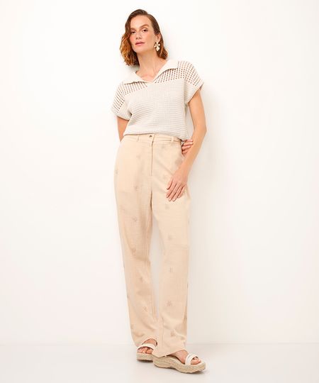 calça reta de viscose bordada bege 38
