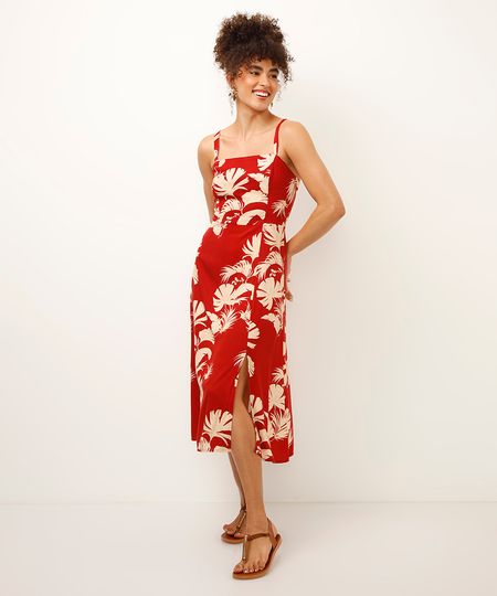 vestido midi de viscose folhagens vermelho PP vestido midi de viscose folhagens vermelho PP