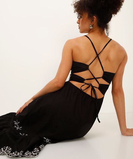 vestido midi de algodão com bordado preto G