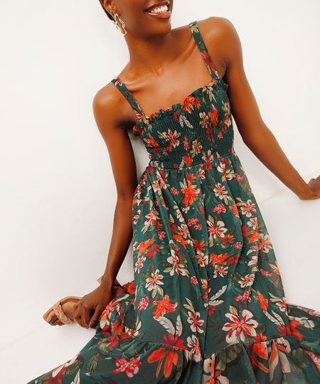 vestido midi de tule floral verde P