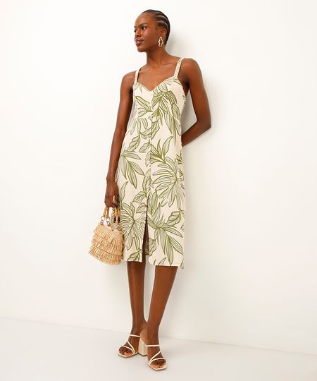 vestido midi com linho folhagens - bege PP