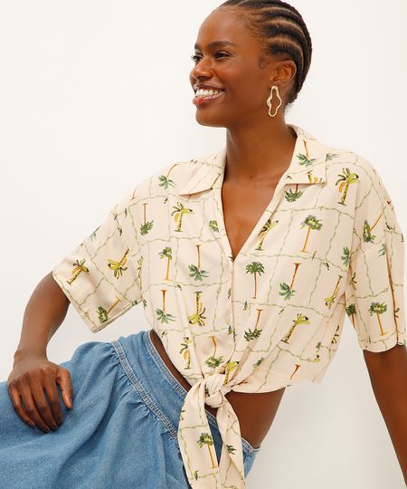 cropped de viscose com amarração folhagens amarelo PP