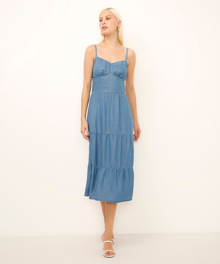 vestido midi jeans com recortes azul PP