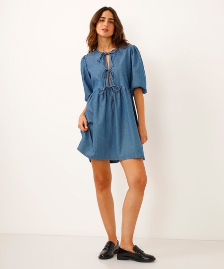 vestido curto jeans manga bufante azul PP vestido curto jeans manga bufante azul PP