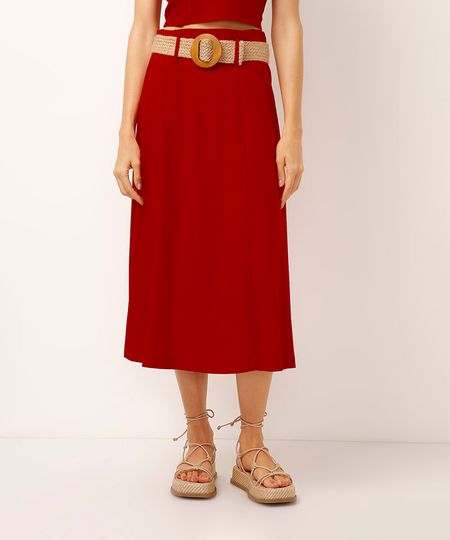 saia midi com linho cintura alta - vermelho escuro 38 saia midi com linho cintura alta - vermelho escuro 38