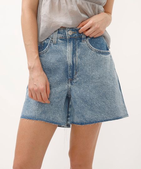 short mom jeans com brilhos azul 34