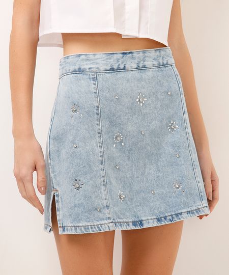 saia curta jeans com brilhos azul 36 saia curta jeans com brilhos azul 36