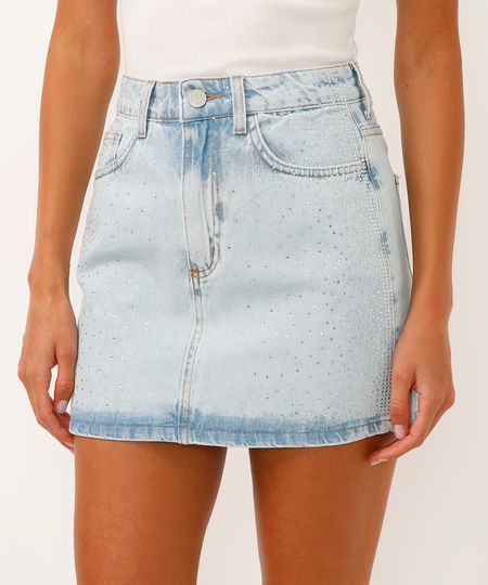 saia curta jeans cintura alta com brilhos azul 36 saia curta jeans cintura alta com brilhos azul 36