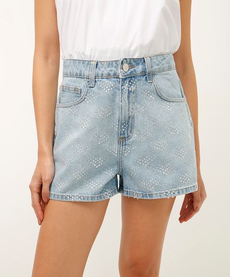 short mom jeans com brilhos azul 38