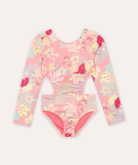 maiô infantil manga longa com recorte floral rosa 2