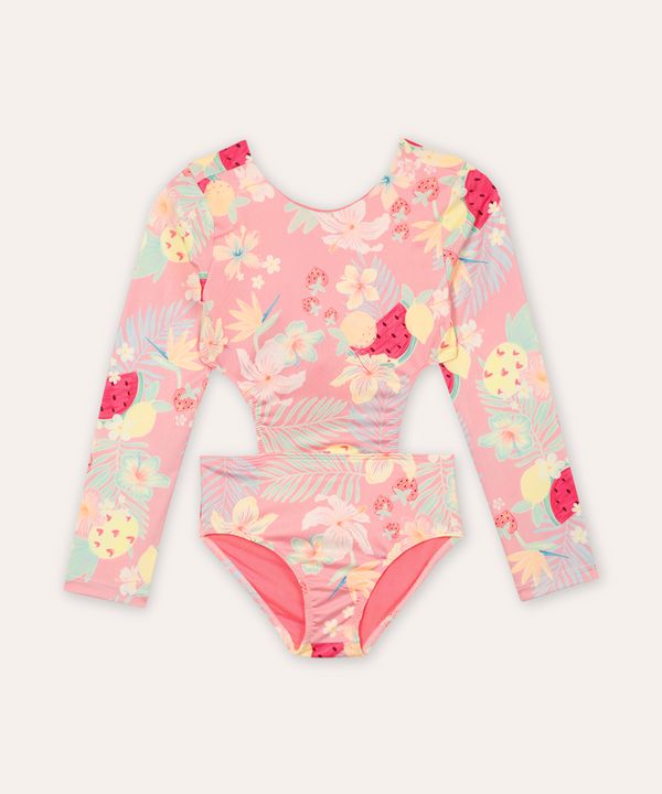 maiô infantil manga longa com recorte floral rosa 2