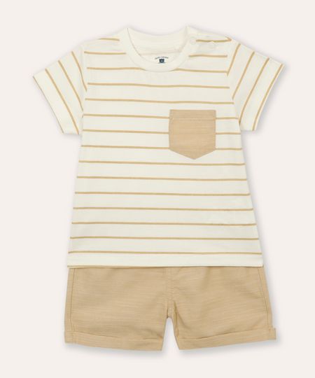 conjunto infantil curto listrada bege 6-9