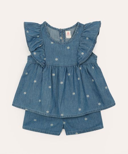 conjunto infantil curto com babados floral azul 3-6
