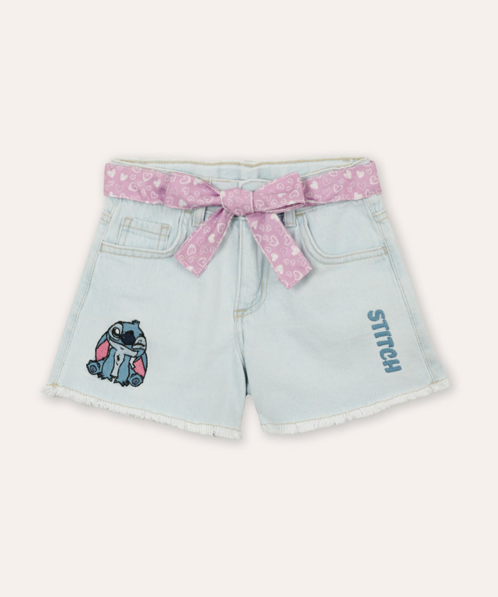 short jeans infantil com bordado stitch azul