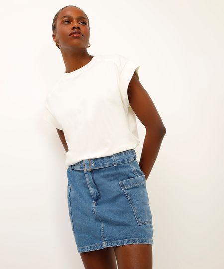 saia curta jeans com cinto azul 46 saia curta jeans com cinto azul 46