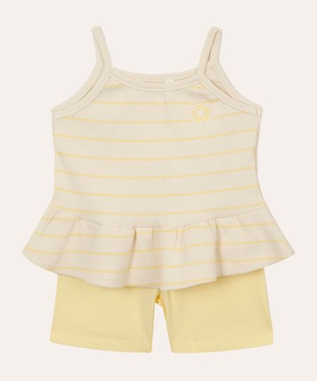 conjunto infantil de algodão listrado floral amarelo 3
