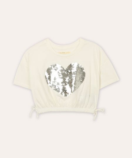camiseta de algodão infantil coração paetê off white 8