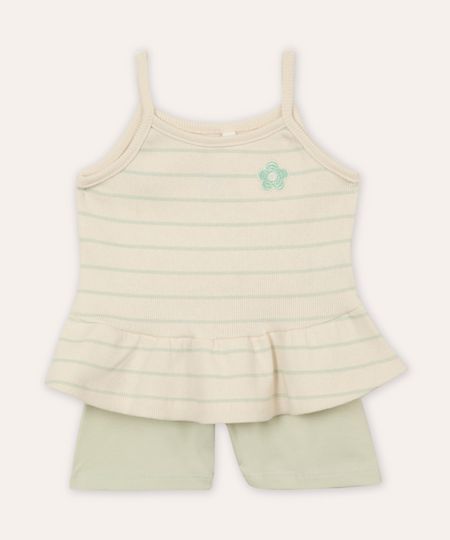 conjunto infantil de algodão listrado floral verde 3