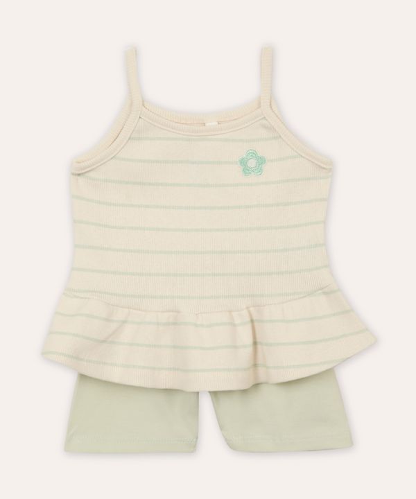 conjunto infantil de algodão listrado floral verde 1