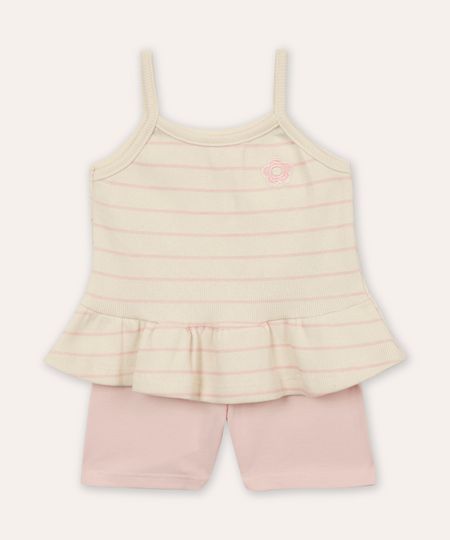 conjunto infantil de algodão listrado floral rosa 3